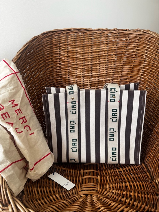 Clare V. Handbags - Clare V. Canvas Stripe Tote Bag with 'Ciao' Webbing Straps - Dark Brown & White